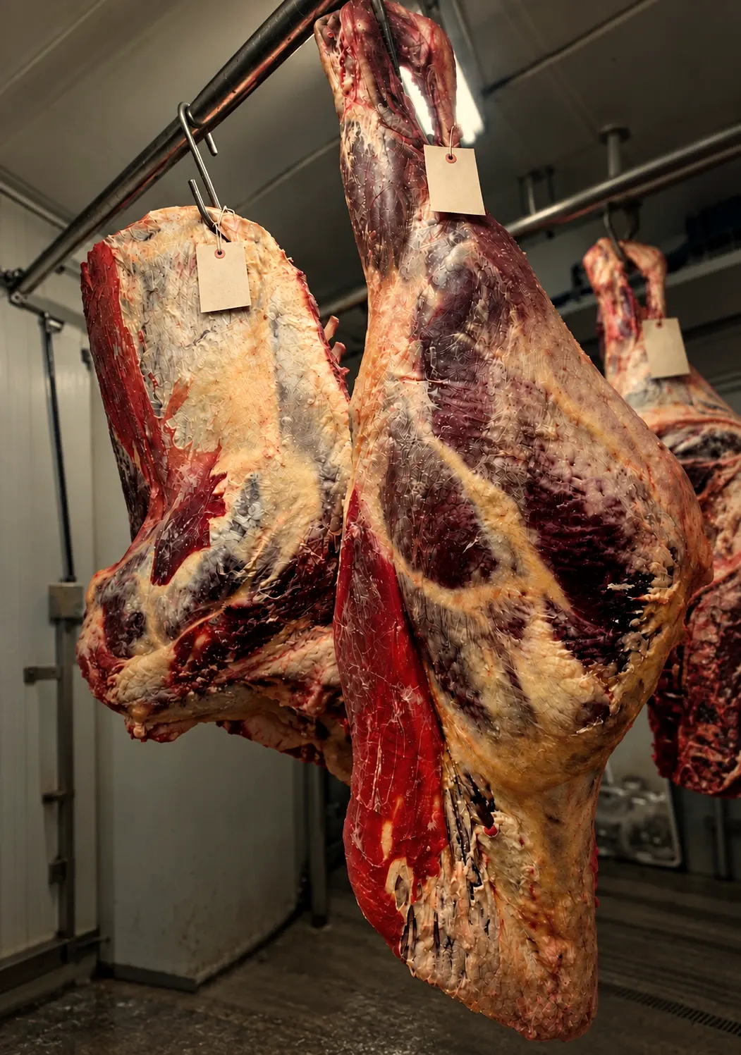 Beef quarters with tags hanging in the cold room